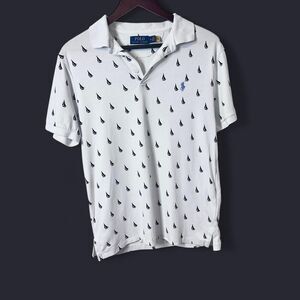 Polo Ralph Lauren Sailboat Print Polo Shirt with Navy Blue Sailboats Size Medium